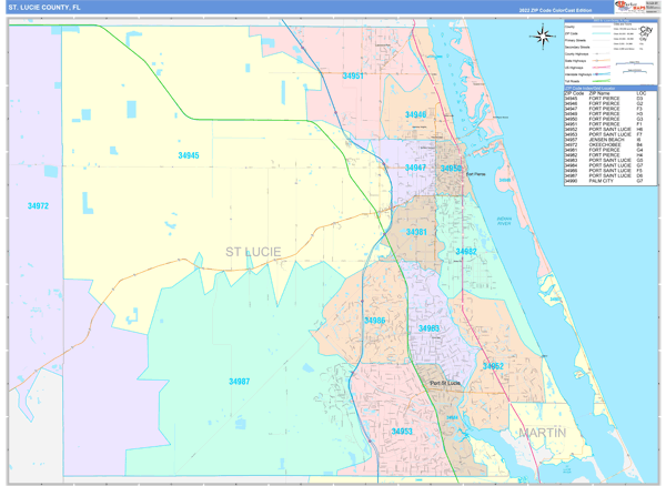 St. Lucie County, FL Wall Map Color Cast Style